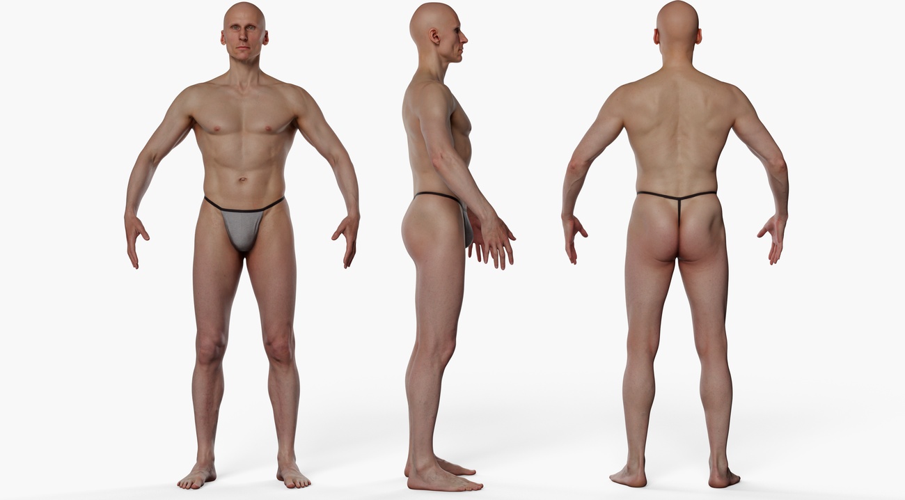 Full body 3D scan of a lean athletic male with defined musculature and smooth skin, retopologised quad mesh